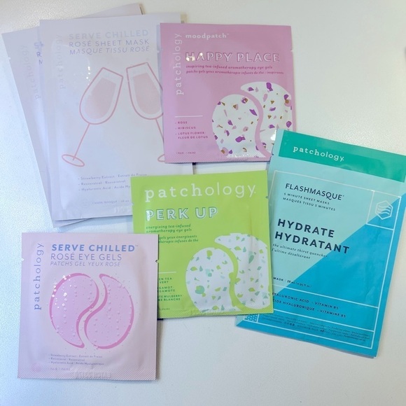 Face Sheet Masks and Eye Gels with pink/green glitter bag - by Patchology - Picture 2 of 7